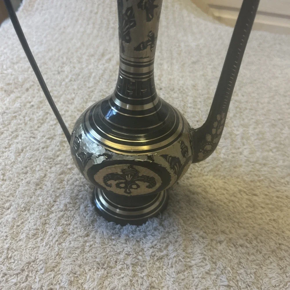 Vintage Brass And Black Etched Surahi Vessel - 18‎ 1/2